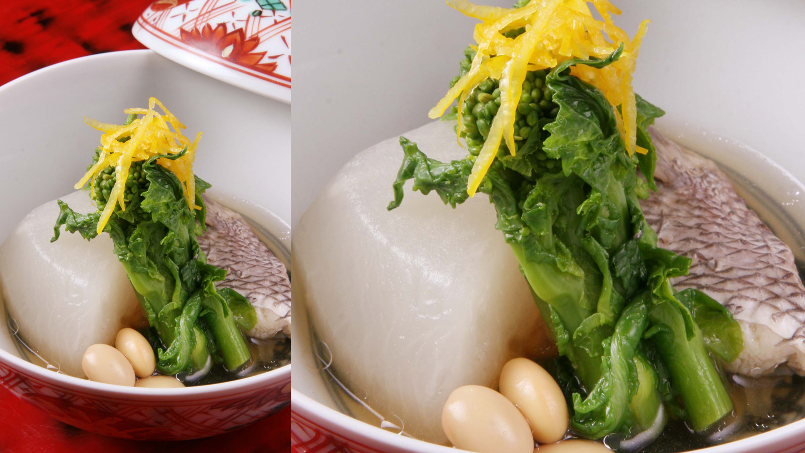【炊合】鯛蕪と菜種　節分のお豆を添えて
