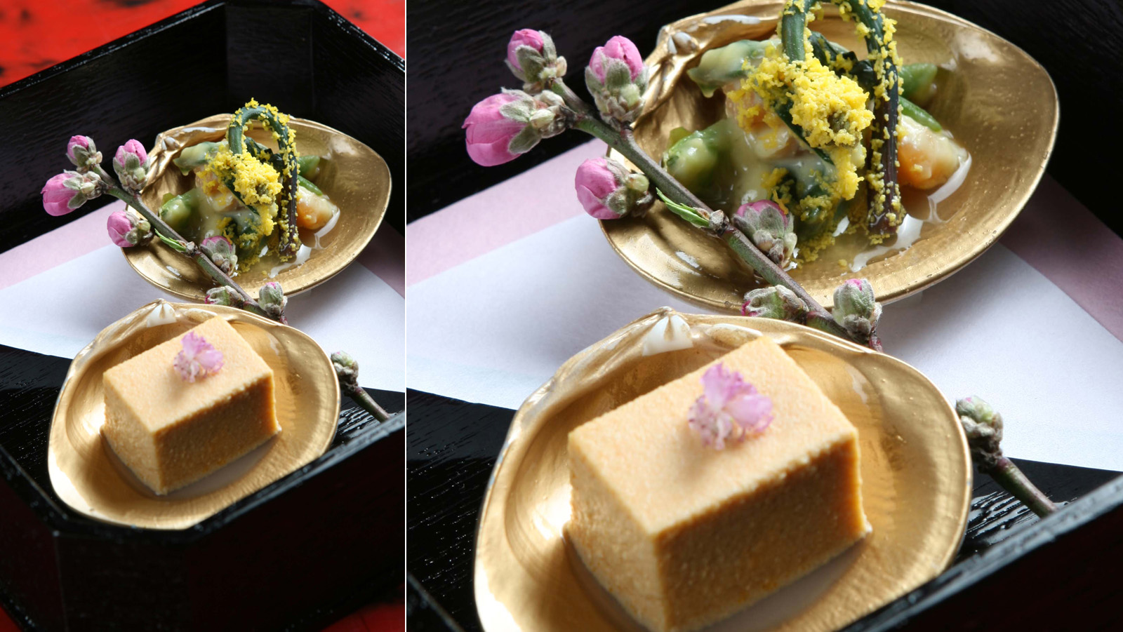 【先付】赤貝のぬた和え、鮟肝豆腐