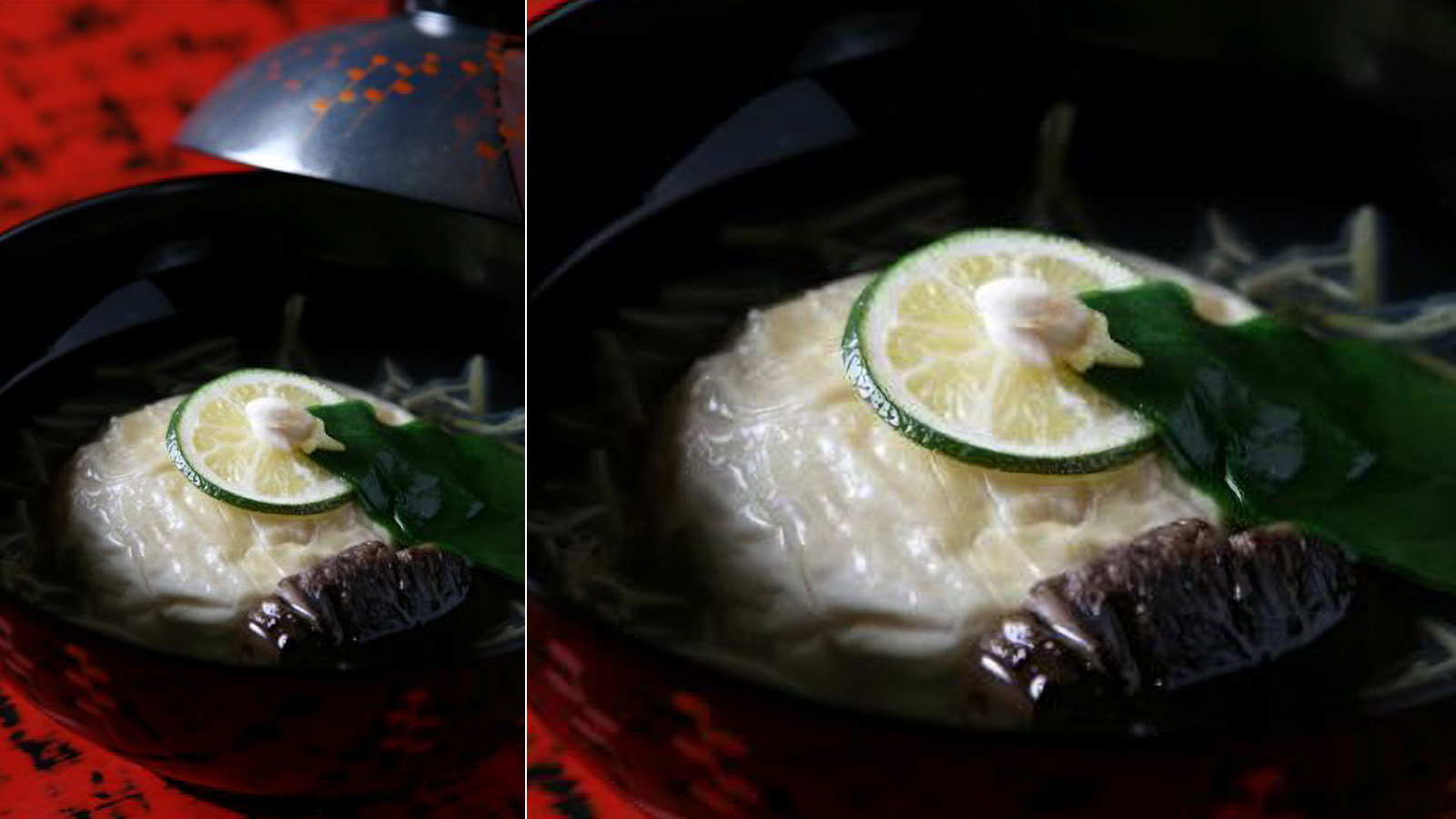 【국물 요리】 단고산 감성돔 찜과 마즙 만두, 유바로 감싸 물시금치·번행초·유자 곁들임